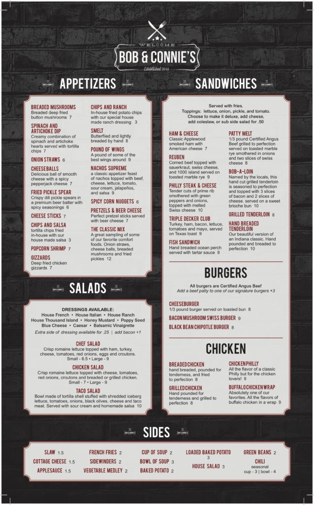 Menu | Bob & Connie's Restaurant | Remington, IN